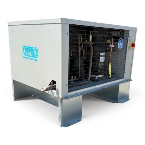 Front-left view of a used Keeprite KEZA025L8-HT4D-2EC 2.5 HP condensing unit, a beige cabinet with an internal fan, compressor, and inventory tag "578", with a KeepRite logo.
