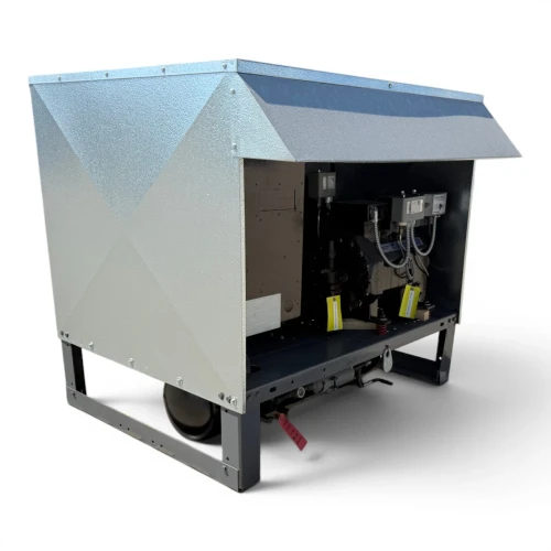 Front-left view of a used Hussmann HICA0304SLKGF condensing unit #570, a self-contained indoor unit with an angled roof canopy over an open equipment frame and inventory tag #570.