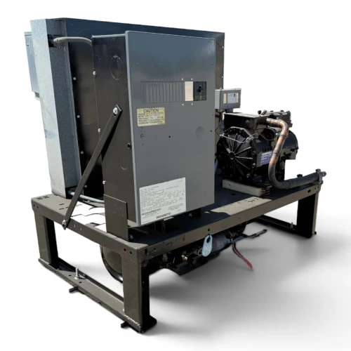 Front-left view of a used Hussmann HICA0335PSKEE 3 HP indoor condensing unit #284, an open-frame skid unit showing the black compressor, condenser fan, and control box.
