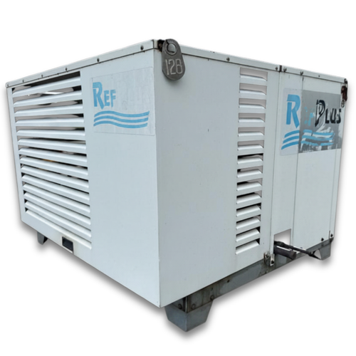 White condensing unit front side view showing labels.