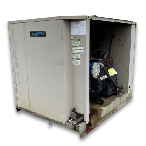 Beige condensing unit front side view showing labels.