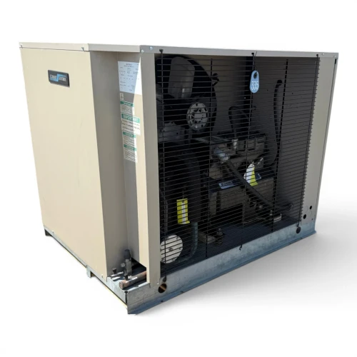 Front-left view of a used Climate Control CDS0750L6D 7.5 HP condensing unit #335, an enclosed tan cabinet with a wire coil guard, twin fans, and blue inventory tag #335.