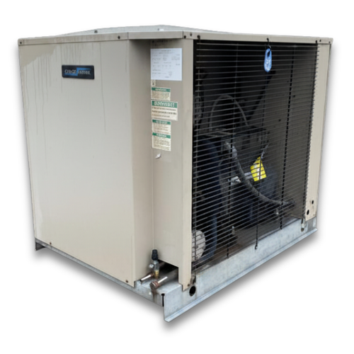 Beige condensing unit front side view showing labels.
