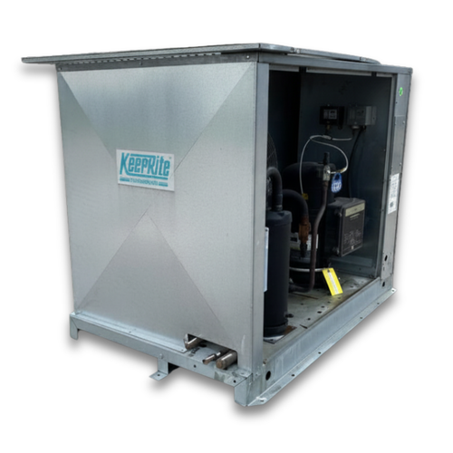 Gray condensing unit front side view showing labels.