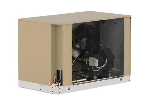 Beige refrigeration condensing unit with visible fan and components