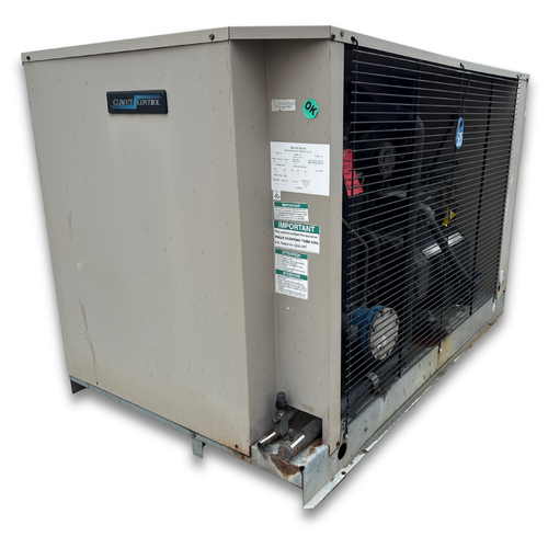 Beige condensing unit front side view showing labels.