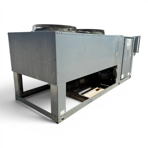 Front-left view of a used Century DS10H2 10 HP condensing unit #387, a large gray package unit raised on a steel support frame with twin roof-mounted condenser fans.