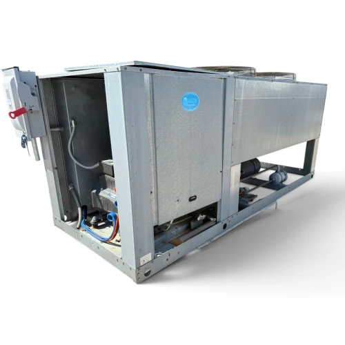 Front-left view of a used Century DS10H2 10 HP condensing unit #571, a large gray package unit raised on a steel support frame with twin roof-mounted condenser fans.