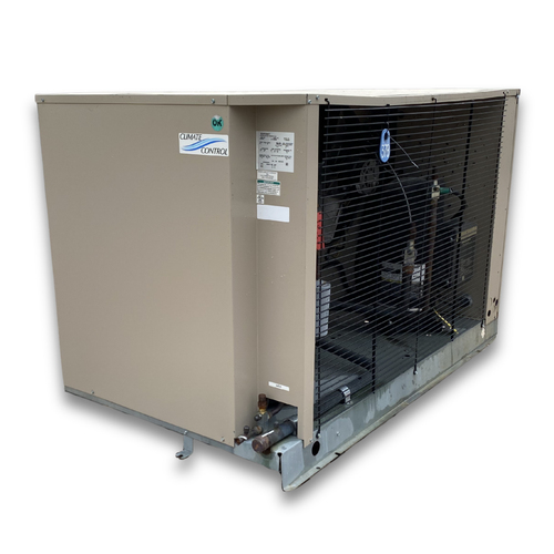 Beige condensing unit front side view showing labels.