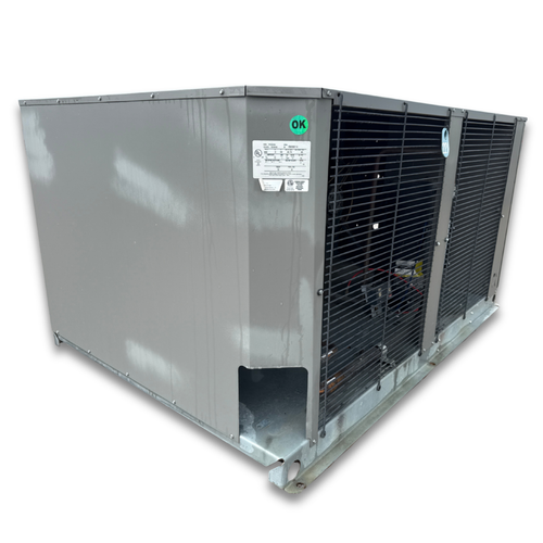Gray condensing unit front side view showing labels.