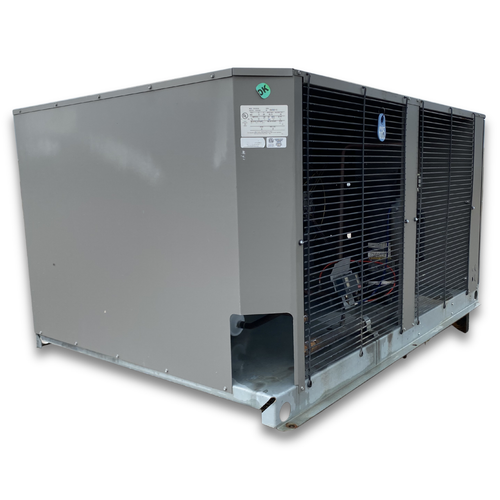 Gray condensing unit front side view showing labels.