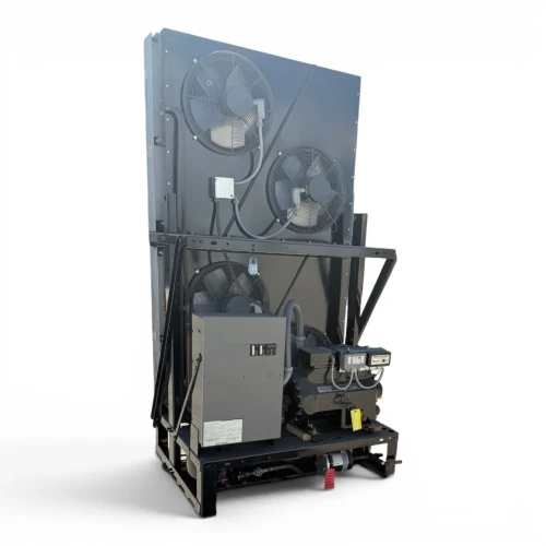 Front-left view of a used Hussmann HICA1204PSKNI 12 HP double-stack indoor condensing unit #98, a tall open-frame unit with twin condenser fans, an electrical panel, and blue inventory tag #98.
