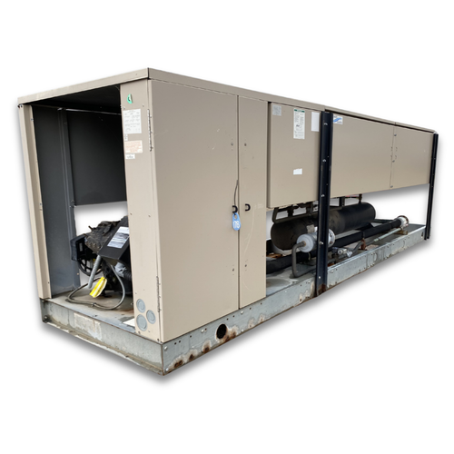 Used beige condensing unit front side view showing labels.