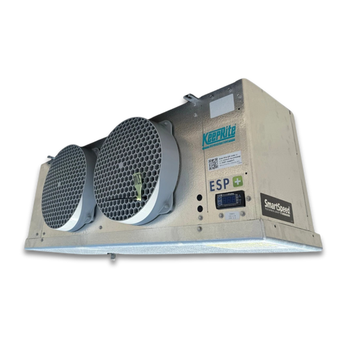 Front-left view of a used Keeprite KLP-214MES2DA167 electric defrost evaporator, a gray fan coil unit with two round honeycomb-grille fans and green inventory tag "3244".