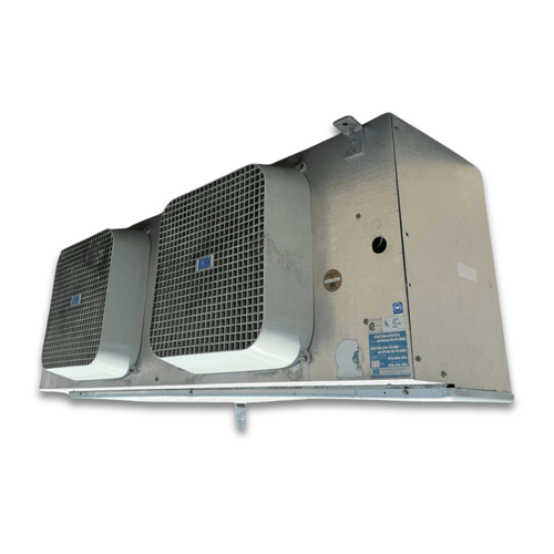Front-right view of the used Bohn MPE-1902F evaporator #3154, showing the two square white-grille fans and cabinet side panel.