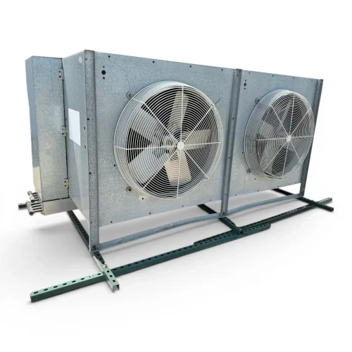 Front-left view of a used Bohn PG-3002D evaporator #3492, a gray penthouse-style fan coil unit with two square top-mounted fan grilles and a coil face.