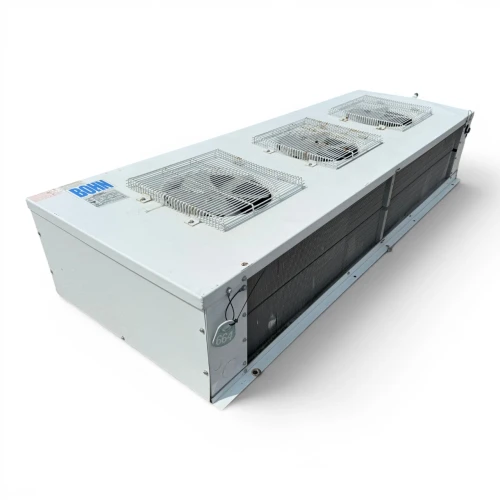 Front-left view of a used Bohn WK-180AEC low velocity evaporator, a white fan coil unit with three square grille fans.