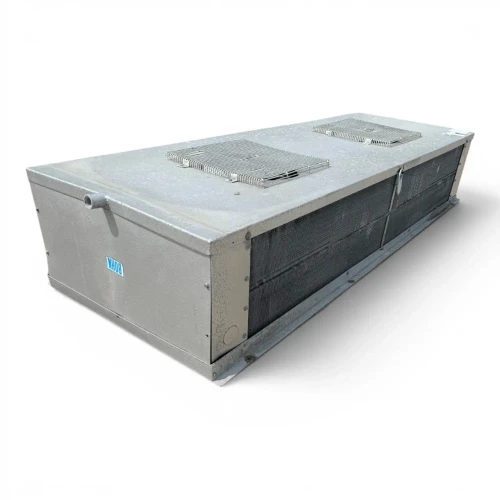Front-left view of a used Bohn WKE-1551A low velocity evaporator #787, a gray penthouse-style fan coil unit with two square top-mounted fan grilles and inventory tag #787.