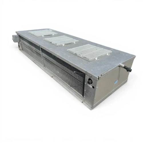 Front-right view of the used Bohn WKE-1801A low velocity evaporator, showing the cabinet side panel and access wiring.