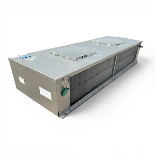 Front-left view of a used Bohn WKG-155AC low velocity evaporator #1043, a gray penthouse-style fan coil unit with two square top-mounted fan grilles and a coil face.