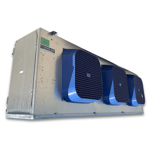 Front-left view of a used Chandler HEM0370CS6EMAB0000 evaporator #3430, a gray fan coil unit with three blue-grille fans and a Chandler logo.