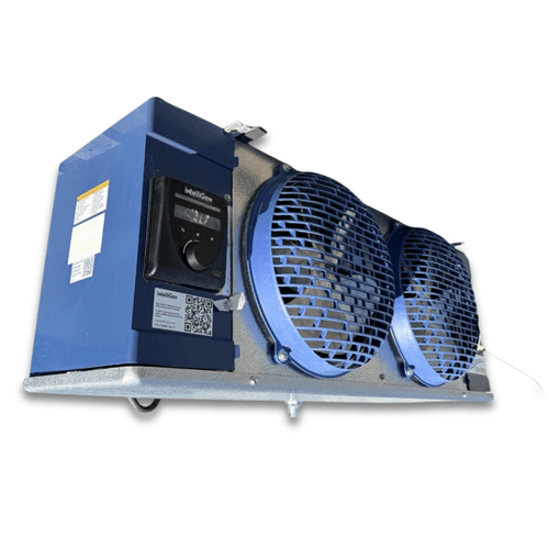 Front-left view of a used Chandler CEL-0080BS6EEAY0628 evaporator #3455, a gray fan coil unit with twin blue-grille fans and a blue IntelliGen control panel.