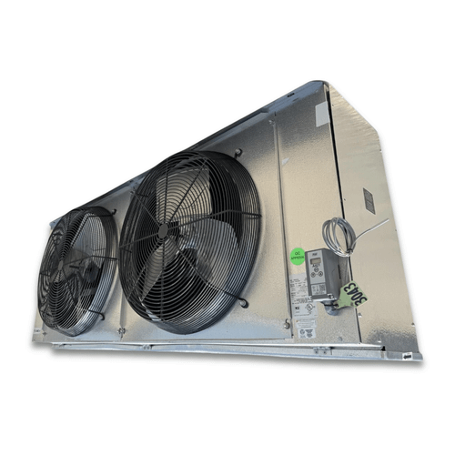 Front-right view of the used Coldzone CM6A-442ADA evaporator #3043, showing the cabinet side panel and rating labels.