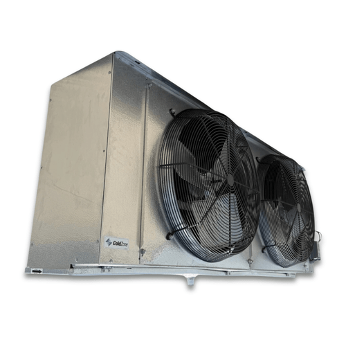 Front-right view of the used Coldzone CM6A-442ADA evaporator, showing the cabinet side panel and rating labels.