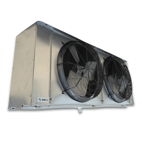 Front-left view of a used Coldzone CM6A-442ADA evaporator #3286, a gray fan coil unit with three round black-grille fans and green inventory tag "3286".
