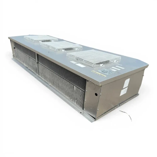 Front-right view of the used Hill-Phoenix BEV0215BS6AMAY8030 low velocity evaporator, showing the cabinet side panel and rating labels.