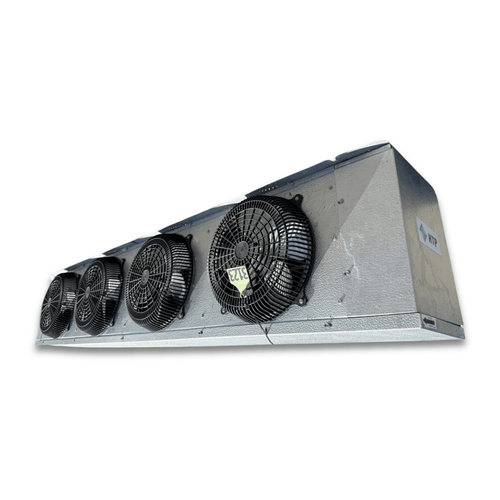 Front-right view of the used HTP HTA48-264B evaporator #3123, showing the cabinet side panel and rating labels.