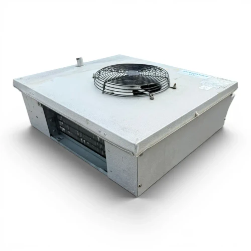 Front-right view of the used Hussmann GAL16-45A low velocity evaporator #699, showing the cabinet side panel and rating labels.