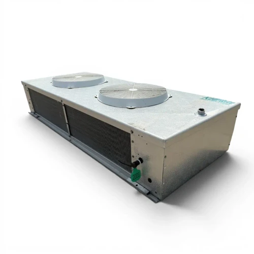 Front-right view of the used Keeprite KLV-120AD low velocity evaporator #2003, showing the cabinet side panel and rating labels.