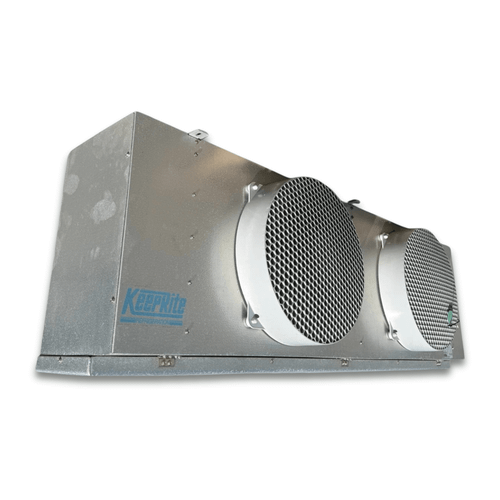 Front-left view of a used Keeprite KMP-228ME evaporator #2156, a gray fan coil unit with two round honeycomb-grille fans and a KeepRite logo.