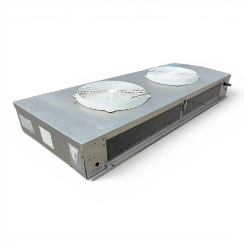 Front-left view of a used Keeprite KTW-115MA center mount evaporator #723, a gray fan coil unit with two round white-grille fans, a KeepRite logo, and inventory tag "723".