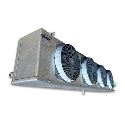 Front-left view of a used Krack KR44E-148EAK evaporator #1184, a gray fan coil unit with four round blue-grille fans, a Krack logo, and green inventory tag.