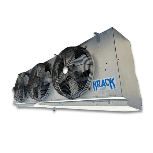 Front-right view of the used Krack MK34E-315BAK evaporator #3141, showing the three round black-grille fans and rating plate.