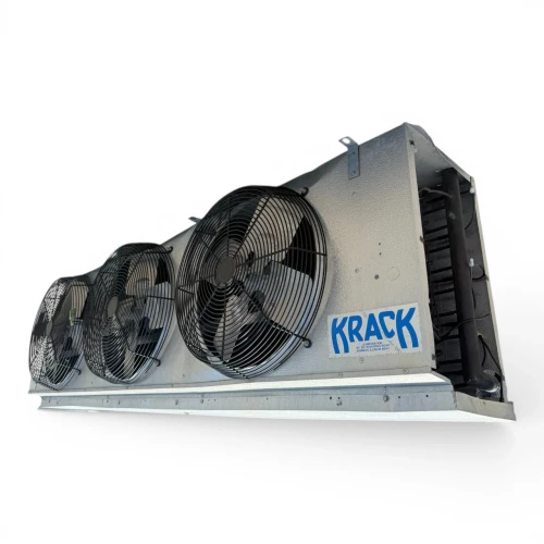 Front-right view of the used Krack MV34E-300EAK evaporator, showing the three round black-grille fans and Krack logo.