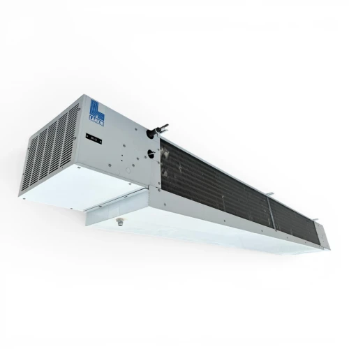 Front-left view of a used Larkin LFA-230AEK low velocity evaporator #3297, a white fan coil unit with three round blue-grille fans.