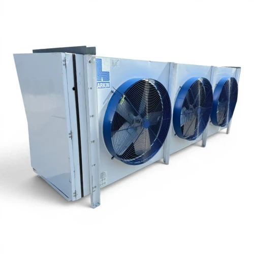 Front-left view of a used Larkin LHL4-1050DA evaporator #3127, a gray fan coil unit with three round black-grille fans and a Larkin logo.