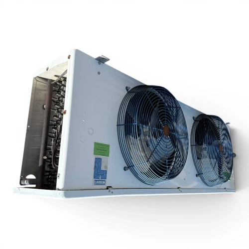 Back-left view of the used Larkin MLT4-165CA evaporator #2180, showing the rear cabinet panel.