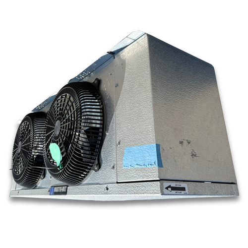 Used gray evaporator with two fans front side view showing labels.