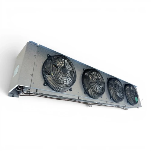 Front-left view of a used Russell AE44-140B-E evaporator #2148, a gray fan coil unit with two round white-grille fans and two exposed propeller fans, with a Russell logo.