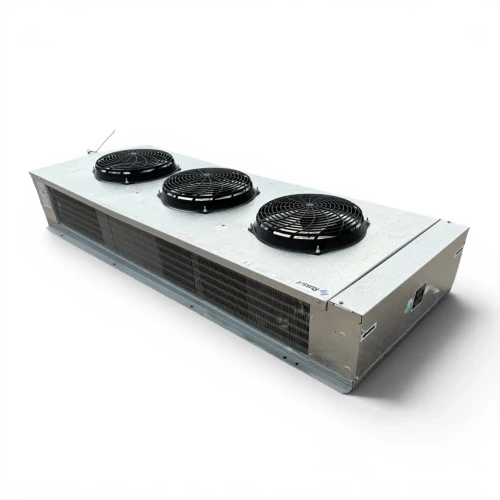 Front-left view of a used Russell RV6E-129DD low velocity evaporator, a gray fan coil unit with three round black-grille fans and a Russell logo.