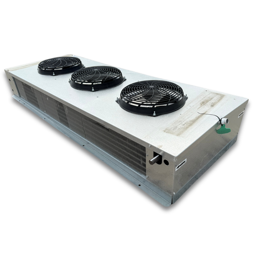 Silver evaporator with three fans front side view showing labels.