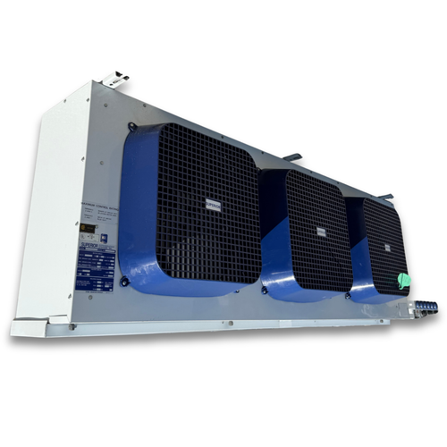 Used gray/blue evaporator with three fans front side view showing labels.
