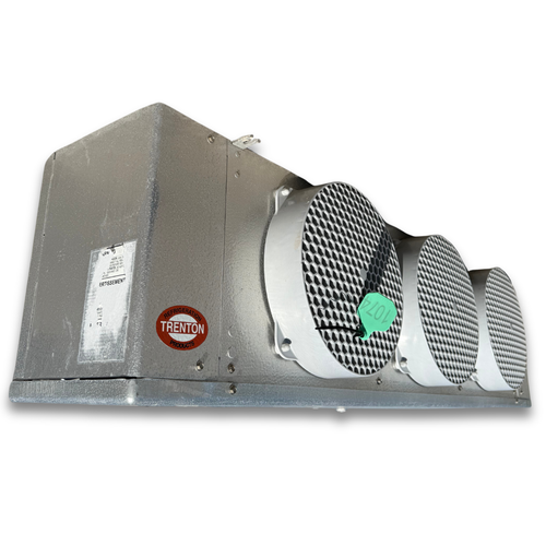 Used gray evaporator with three fans front side view showing labels.