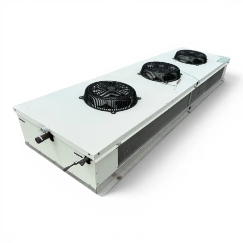 Front-left view of a used Zerozone RWF-130AE low velocity evaporator #2140, a white fan coil unit with three round black-grille fans and a Zero Zone logo.