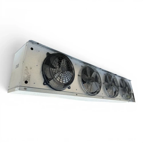 Front-left view of a used Witt SE46-185B evaporator #3295, a gray fan coil unit with three round black-grille fans and one exposed propeller fan.