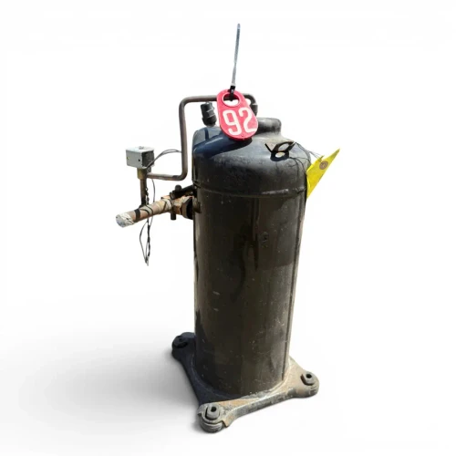 Back-right view of a used Copeland ZBD45KCE-TF5 6 HP scroll compressor (3 phase 208-230 volt), a dusty black cylindrical shell with a red round "92" tag, a yellow "add oil to compressor" tag, and a yellow handwritten service checklist tag.